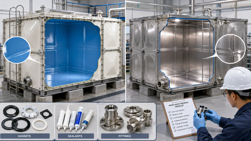 Water-contact materials inspection for potable water tank compliance, including enamel coating, stainless steel surface, gaskets, sealants, and fittings