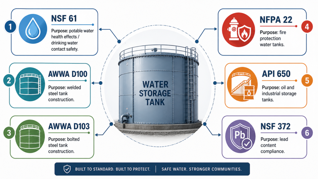 Water tank safety standards comparison diagram showing NSF 61, AWWA D100, AWWA D103, NFPA 22, API 650, and NSF 372 around a water storage tank