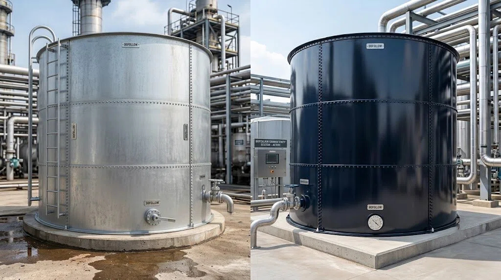 A side-by-side technical comparison of industrial water tank materials, showing a heavily rusted galvanized steel tank suffering from severe atmospheric corrosion on the left versus a pristine industrial enamel glass-fused-to-steel tank on the right within a chemical plant environment.