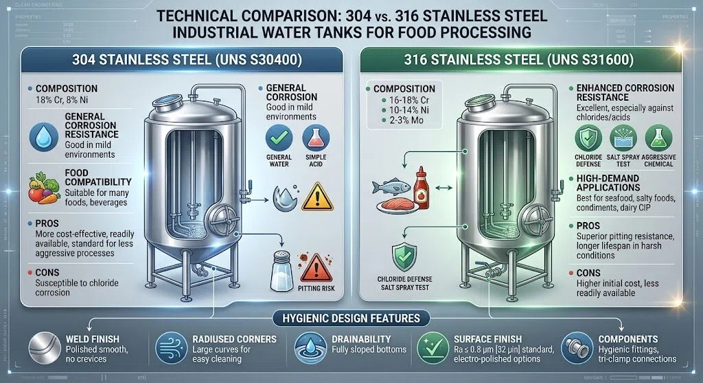 Technical comparison infographic showing material composition, corrosion resistance, and hygienic design features of 304 vs 316 stainless steel industrial water tanks for food processing.
