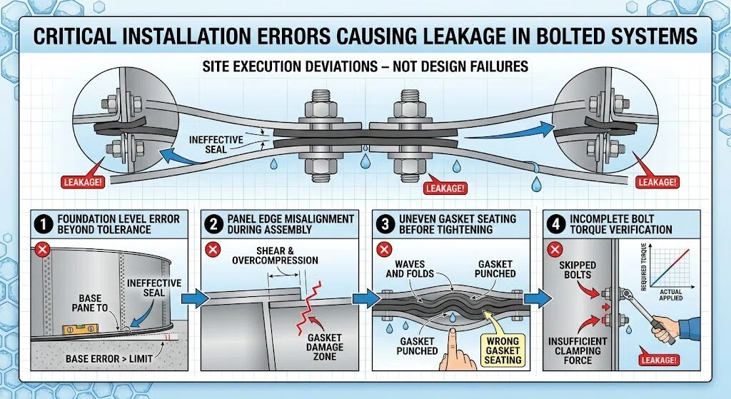 Technical infographic detailing 4 critical installation errors causing leakage in bolted tank systems: foundation level error, panel edge misalignment, uneven gasket seating, and incomplete bolt torque verification.