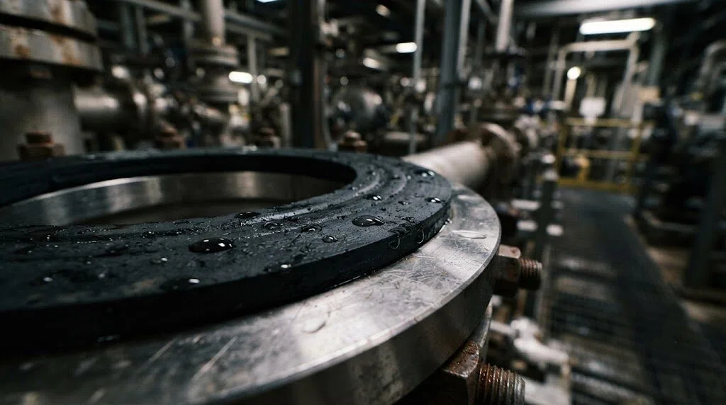 Industrial-grade EPDM rubber gasket is installed on the stainless steel pipe joint. Close-up view shows the sealing performance of the rubber material.