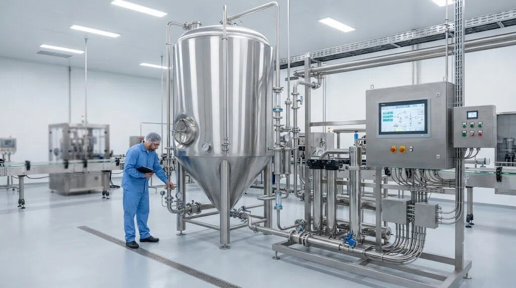 Modern beverage manufacturing facility: food-grade stainless steel water storage tanks and fully automatic sanitary pure water production line