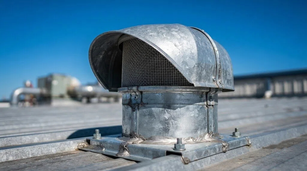 Heavy-duty industrial mushroom vent with stainless steel screen installed on a metallic industrial roof.