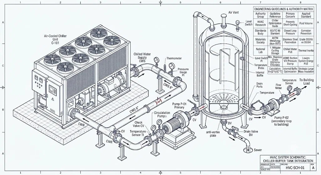 HVAC system schematic showing air-cooled chiller integrated with a stainless steel buffer water tank, featuring anti-vortex plates and temperature sensors for system stability.
