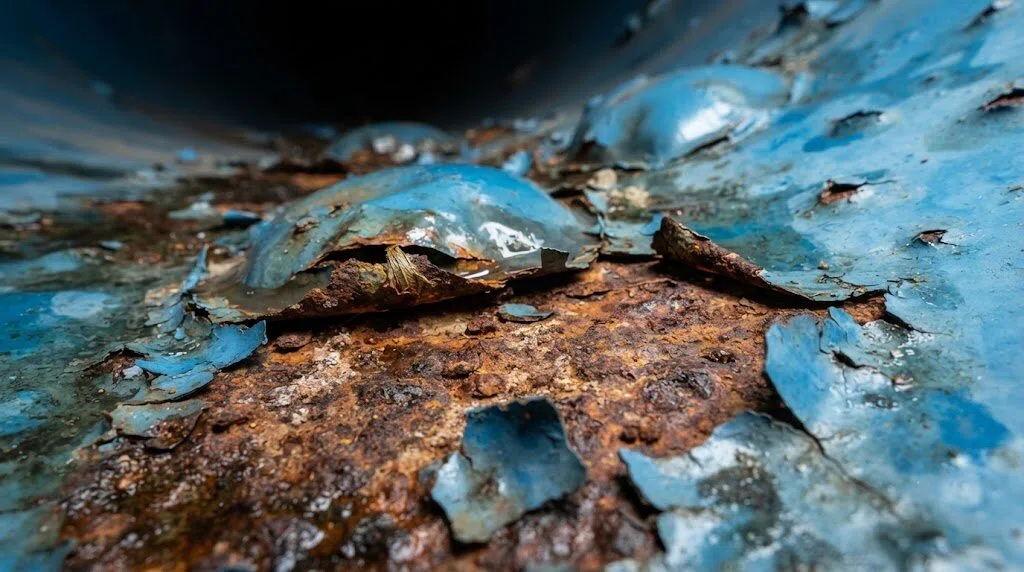 A close-up view shows the epoxy resin coating inside the industrial water tank bubbling and peeling off, revealing the corroded steel beneath, highlighting the failure of the coating.