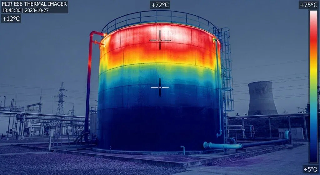 Tank thermal imaging inspection: It shows the temperature difference between the high-temperature layer at the top and the low-temperature area at the bottom, which is used to evaluate the insulation performance of the tank and the fluid level.