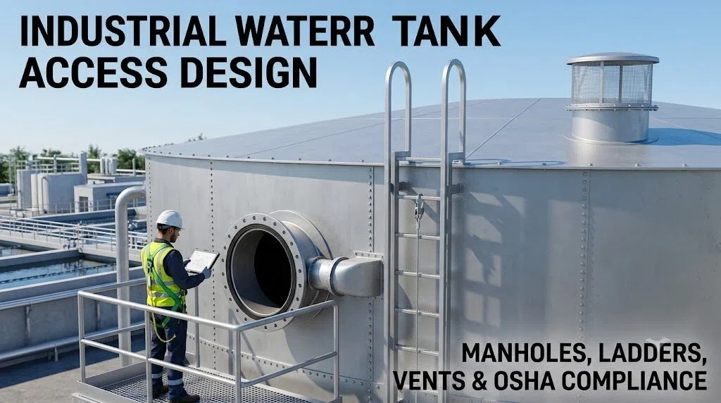 A technical illustration for an engineered industrial water tank access design, featuring a large circular manhole on a steel storage tank, an integrated ladder with a fall arrest system, and a trained operator with full PPE referencing specifications on a tablet. Top text overlay: INDUSTRIAL WATER TANK ACCESS DESIGN. Bottom text overlay: MANHOLES, LADDERS, VENTS & OSHA COMPLIANCE