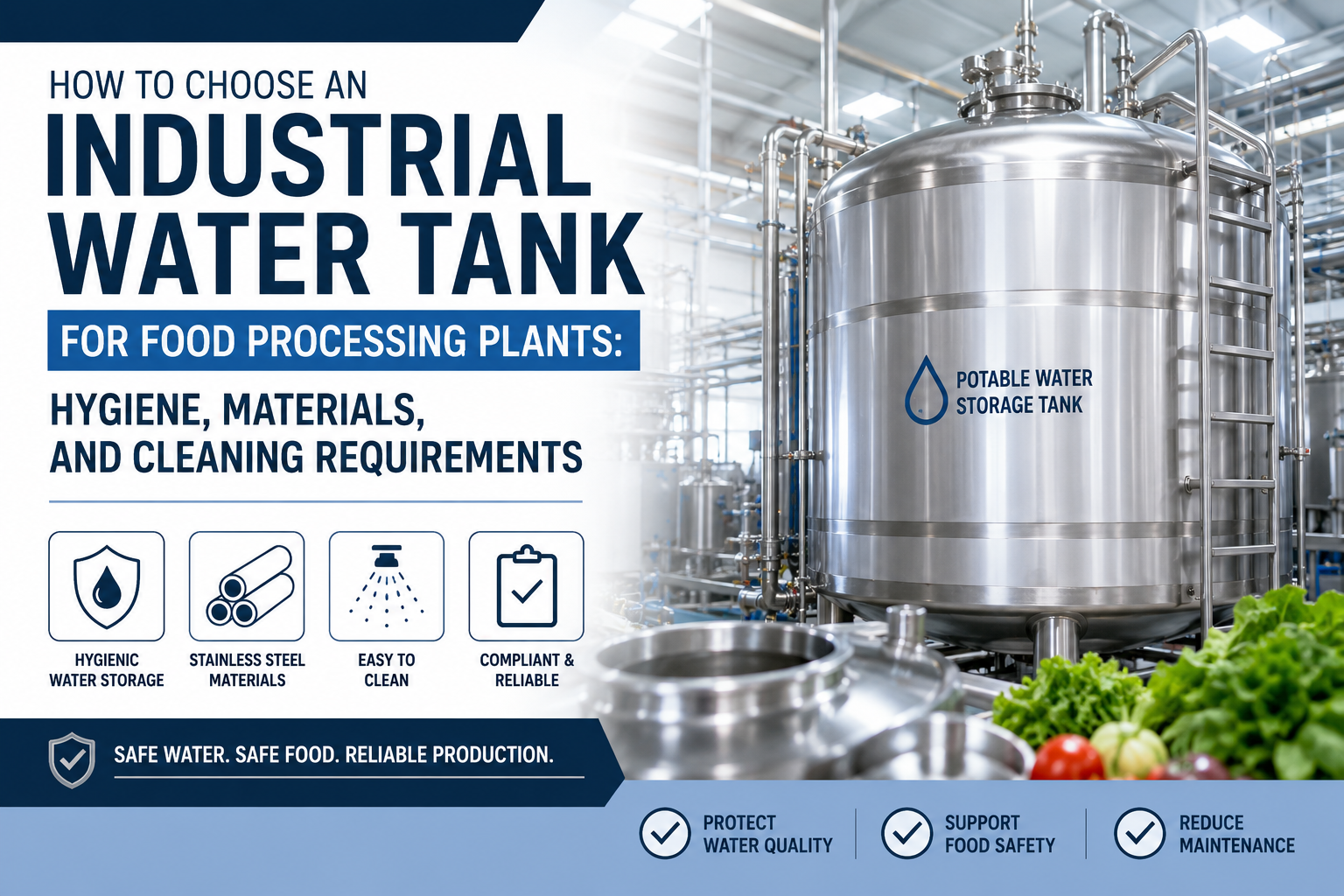 Industrial water tank for food processing plants with hygienic stainless steel design for safe water storage.