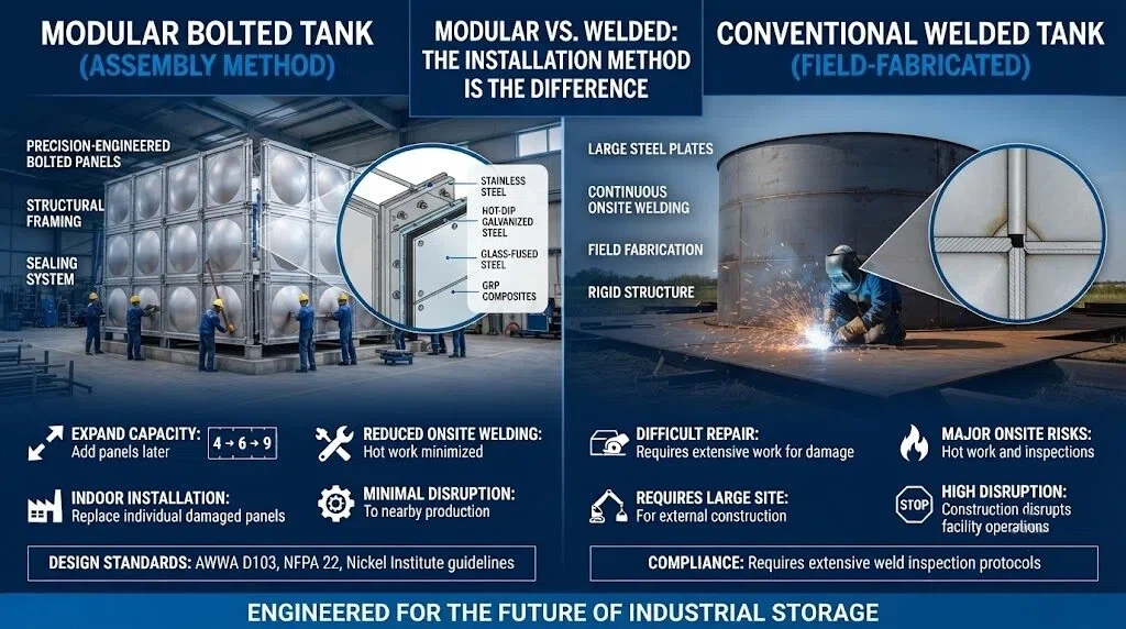 Comparison infographic of modular bolted industrial water tanks versus field-fabricated welded tanks, highlighting installation, maintenance, and scalability advantages.
