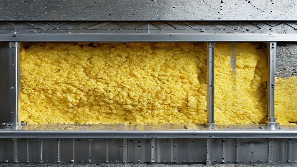 Industrial stainless steel water tank wall cross-section showing yellow polyurethane foam insulation between inner steel shell and outer aluminum jacket
